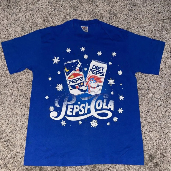 Vintage Single Stitch Pepsi Shirt‎ Blue Mens L Holiday Promo Snack Promo Tee 90s - Picture 1 of 7